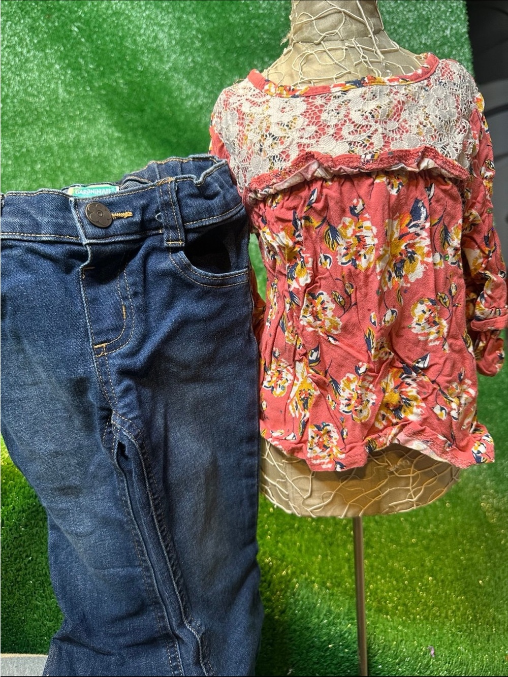 Little Lass Coral Floral Lace Yoke Top